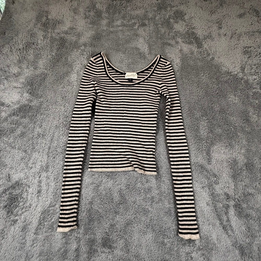 Universal Thread Womens XS Striped Ribbed Long Sleeve Scoop Neck Top Cream Black